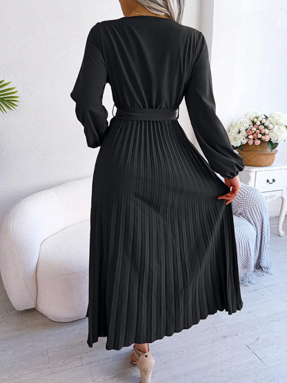 Elegante V Neck manga comprida das mulheres plissado vestido Maxi