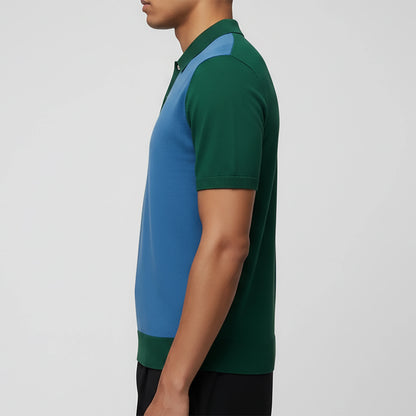 Men's Color Blocked Polo Shirt Short Sleeve Knitted Cotton Zipper Front Logo Casual Breathable Design