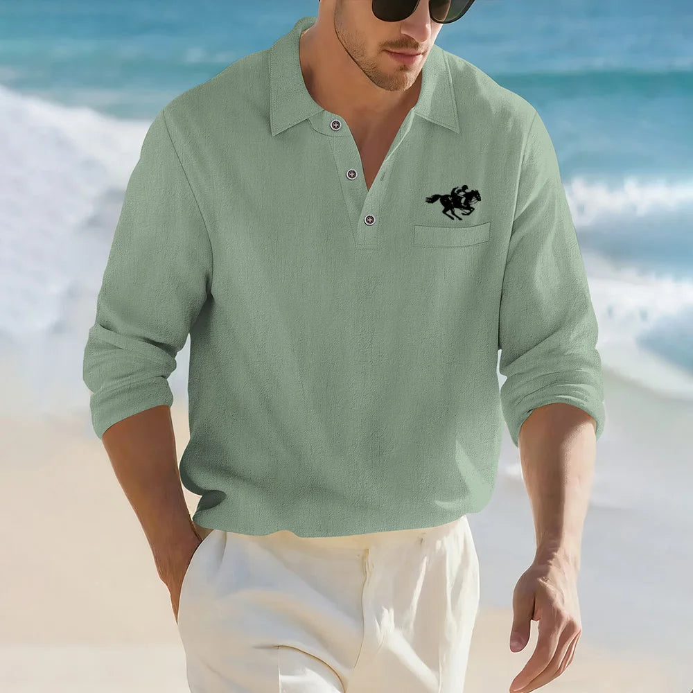 Camisa Masculina Casual de Linho e Algodão Leve com Lapela, Solta, Cor Sólida, Moda Primavera Outono, com Detalhe Decorativo na Gola