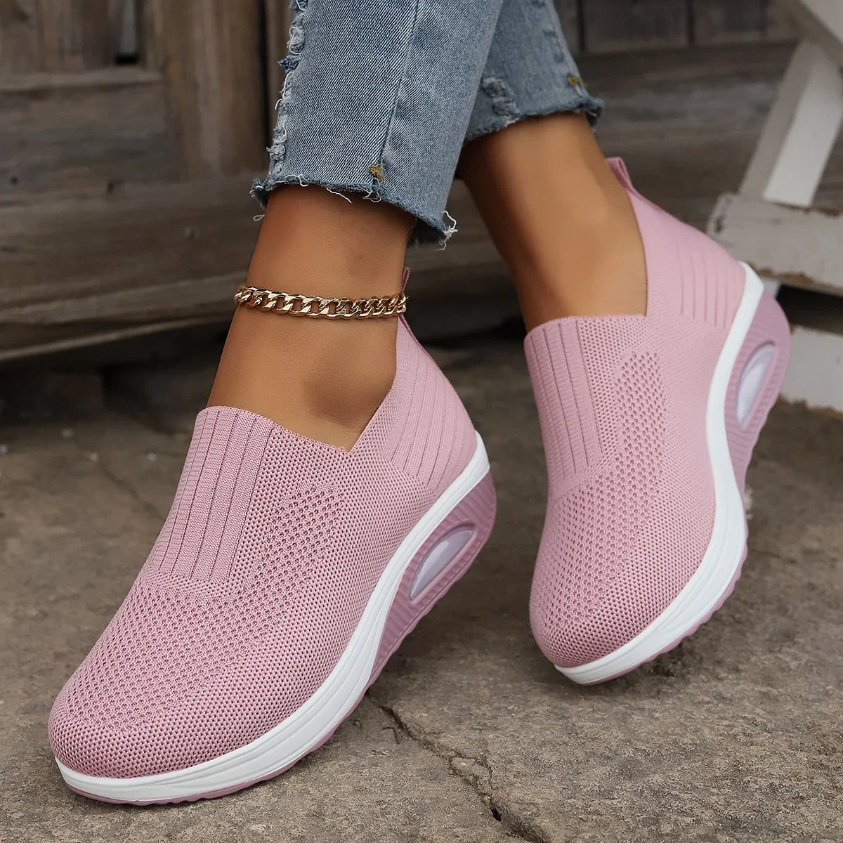 Tênis feminino de caminhada com amortecimento de ar, antiderrapante, ortopédico, modelo mule, respirável e com salto anabela.