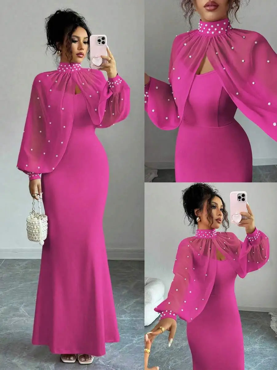 Vestido de Noite Elenzga Novo e Elegante com Charme Madura, Digno e Delicado, Rosa Sonhador, Top de Manga Longa Bordado à Mão, Sereia Graciosa