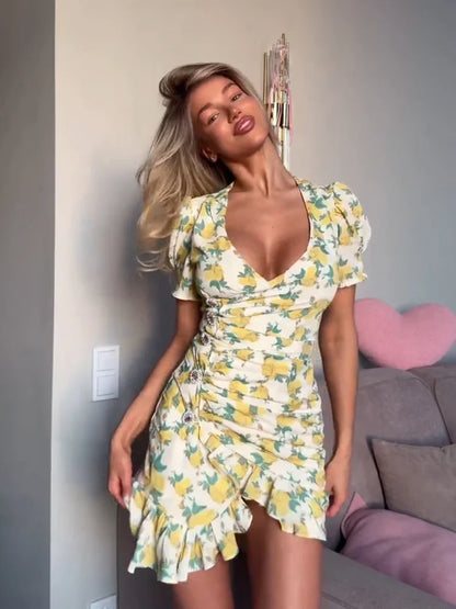 Vestido Elegante Feminino de Cetim Sólido com Manga Curta, Gola Alta, Patchwork, Babados e Drapeado para Festas e Jantares - Vestido Chique 2026
