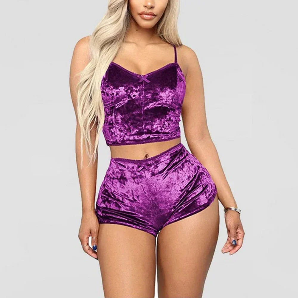 Conjunto de pijama de veludo sem mangas feminino, roupa interior confortável com decote em v, blusa e shorts, poliéster Homewear, 2 peças por conjunto