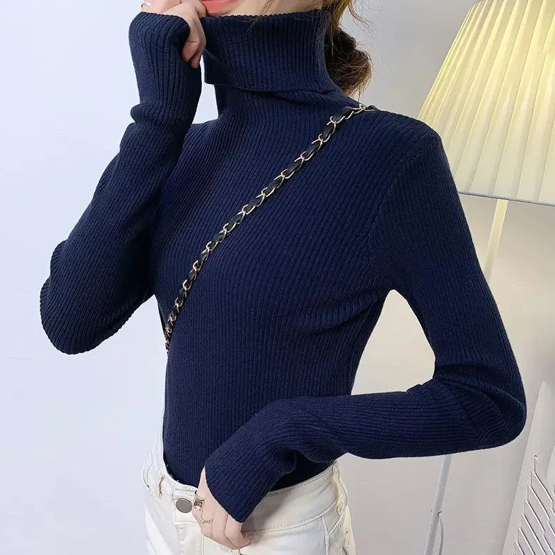 Suéter de Tricô Feminino Plus Size de Gola Alta e Manga Longa, Camiseta de Base para Outono Inverno, Novo Estilo, Confortável, Macio, Cor Pura