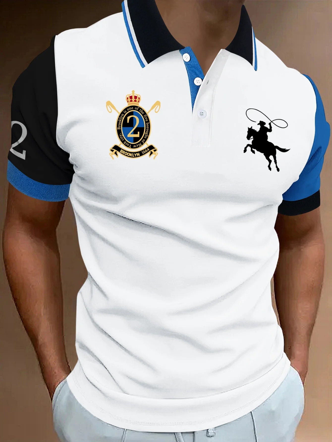 2026 Men's Fashion Polo Shirt | Brooklyn 1664 Emblem & Cowboy Print | Color Block Short Sleeve Casual Golf Top for Summer