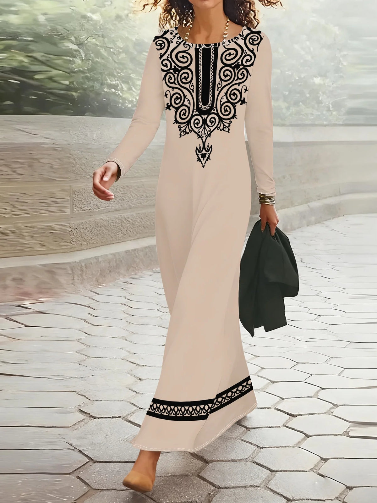 Vestido Maxi de Manga Longa com Estampa para Mulheres