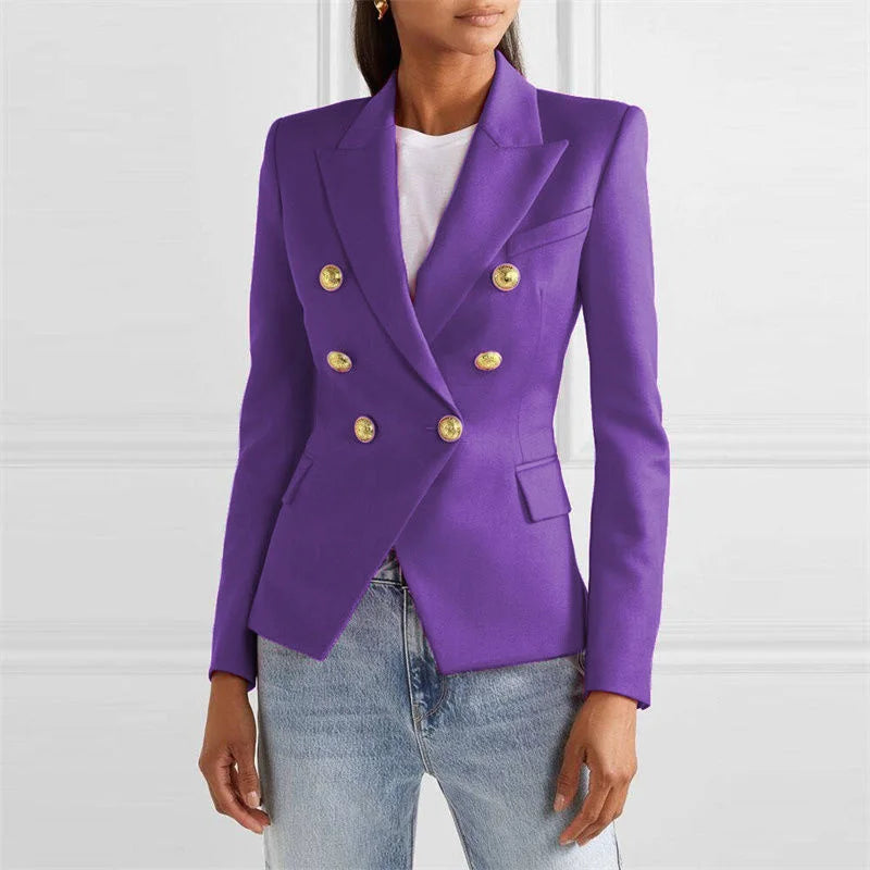 Blazer feminino de alfaiataria, modelo slim, estilo europeu/americano, para primavera/outono, com abotoamento duplo.