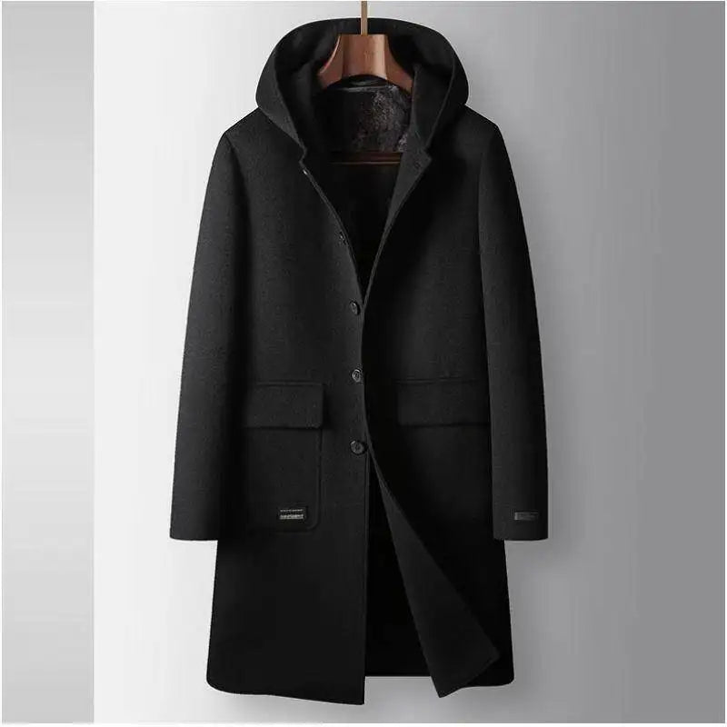 2024 inverno novo moletom com capuz masculino médio longo casaco de lã coelho pelúcia grosso quente casaco casual tecido high end 100% lã pura