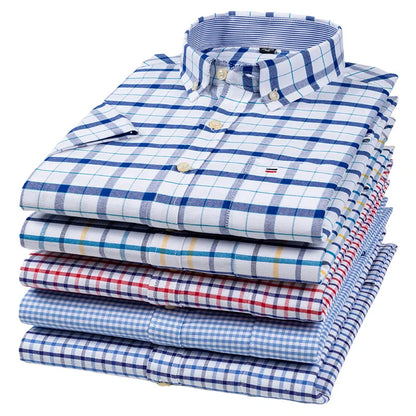 100% algodão puro oxford camisas masculinas manga curta xadrez macio regular ajuste formal vestido camisa blusa social roupas masculinas 6xl 7xl