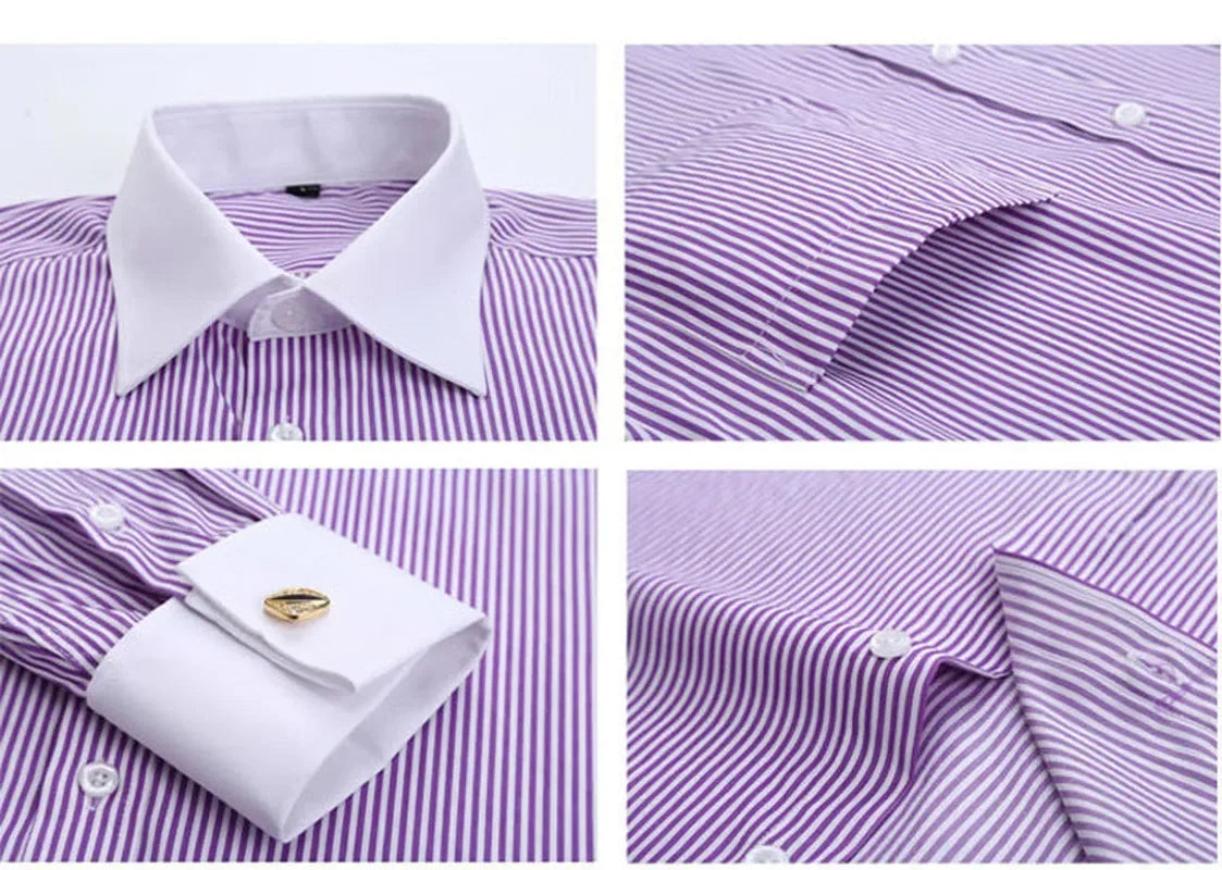 Qualidade e suave formal masculino francês manguito vestido camisa masculina manga longa sólido listrado estilo camisas masculinas abotoaduras incluem plus size