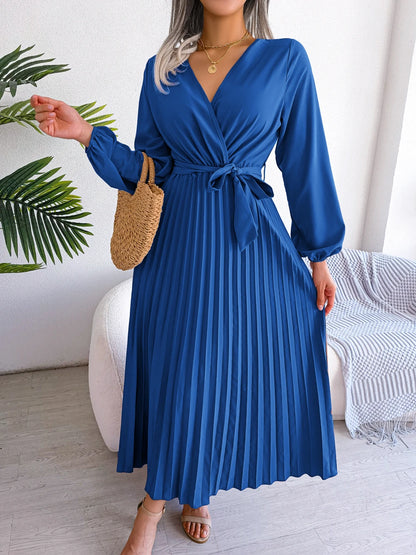 Vestido maxi feminino elegante com decote em V e manga comprida plissado
