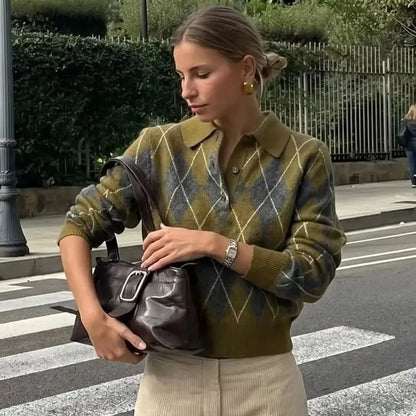 Suéter Feminino de Tricô Argyle para Outono/Inverno, Pulôver Casual Quente com Botões e Manga Longa