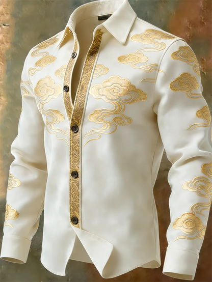 Nova camisa masculina retrô com padrão multicolorido e estampa 3D de nuvens, camisa casual marrom de manga comprida para o dia a dia.