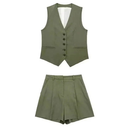 Conjunto Feminino HH de 2 Peças: Colete Slim com Decote em V e Shorts Plissados para Encontros, Moda Casual, Festas, Uso Diário, Férias e Passeios