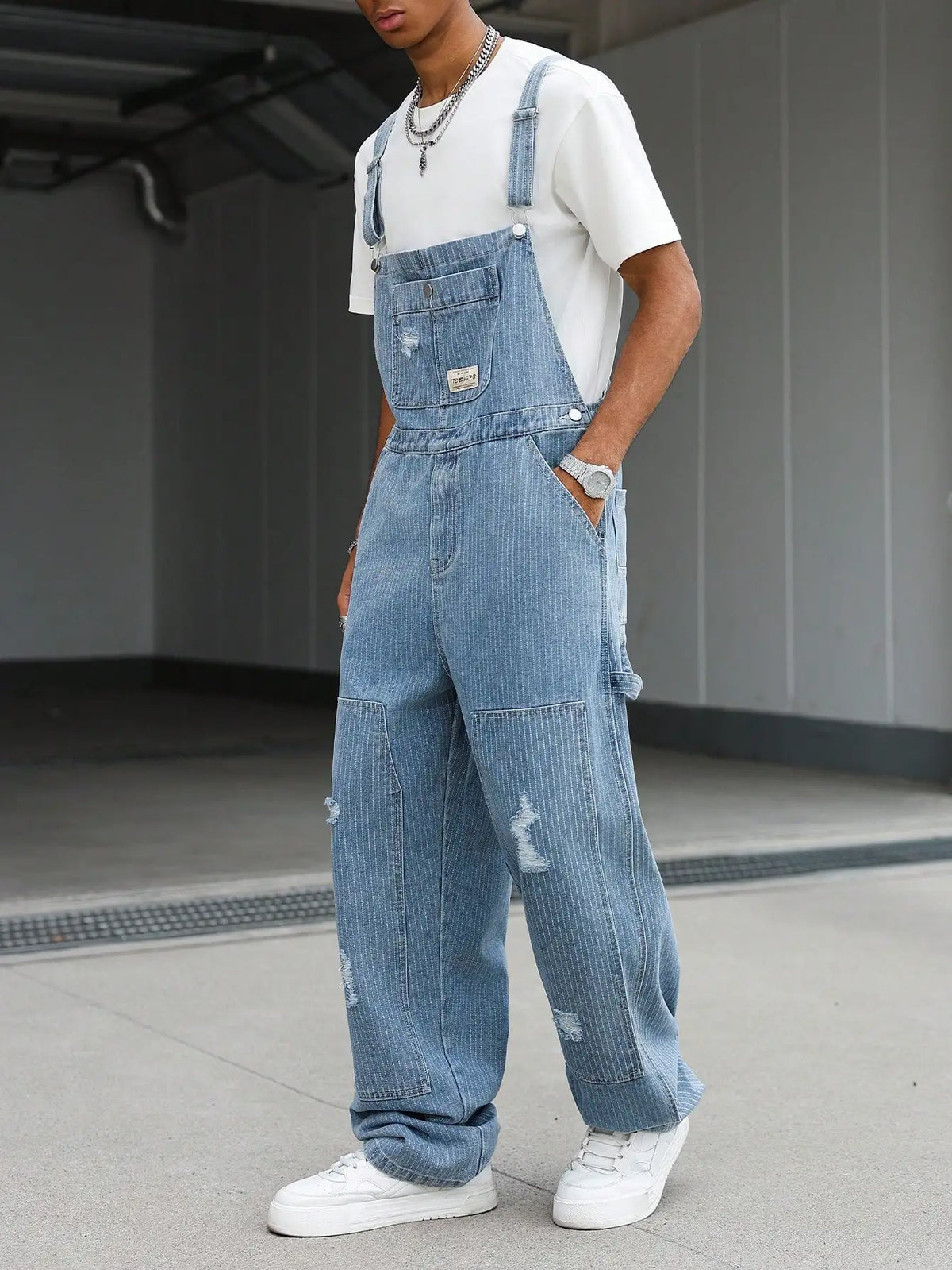 Macacão de Trabalho Masculino Estilo Vintage, Jeans Solto, Rasgado e Desgastado, Perna Larga