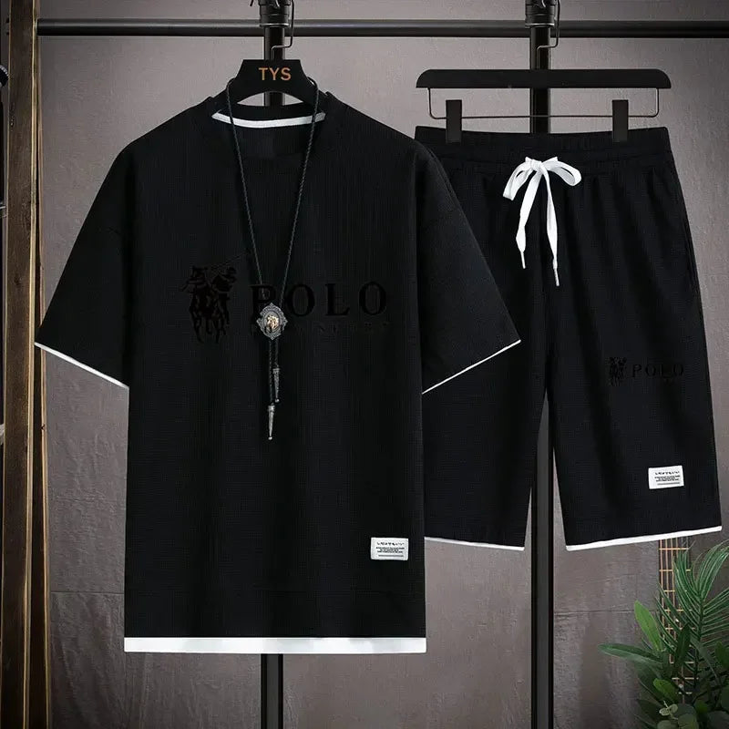 2025 camiseta masculina de manga curta + shorts esportivos de duas peças verão moda respirável fitness casual jogging conjunto.