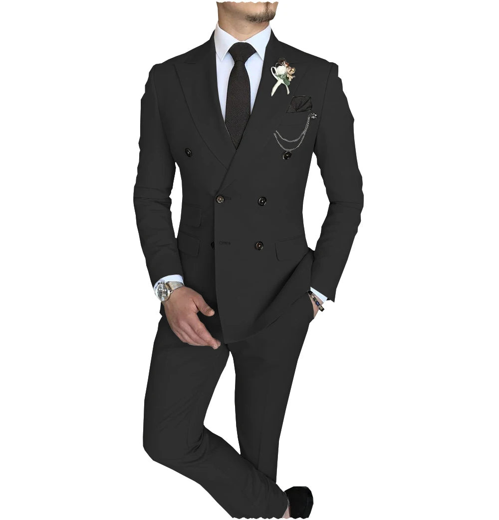 Terno slim fit trespassado masculino, jaqueta Peak Lapel, casual de negócios, blazer e calça de casamento, 2 peças