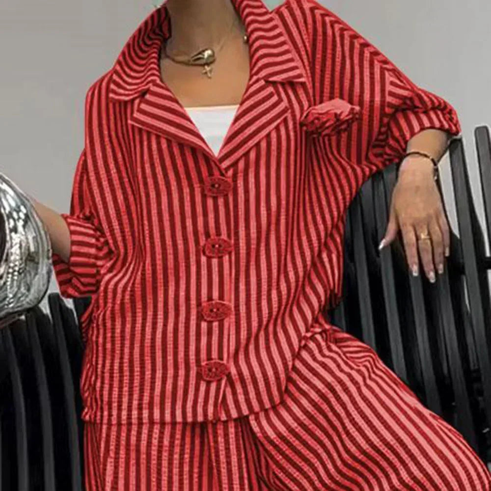 2025 Spring Fall Women's 2 Piece Set Suit Office Lady Floral Striped Loose Blazer Casual Wide Leg Pants Suits For Women Clothing