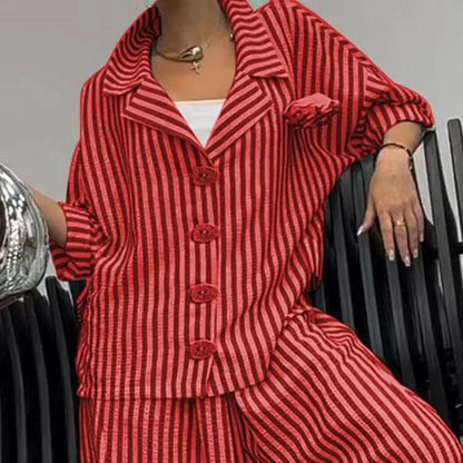 2025 Spring Fall Women's 2 Piece Set Suit Office Lady Floral Striped Loose Blazer Casual Wide Leg Pants Suits For Women Clothing