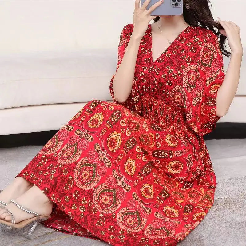 Flor colorida com decote em v elástico jovem boêmio doce midi vestido mulher roupas chique moda vestidos de verão 2025 grande balanço esqui