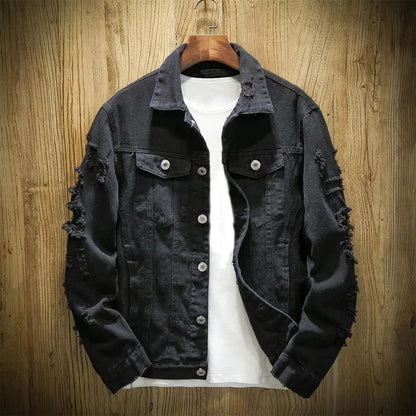 Rasgado buraco jean jaquetas masculinas outerwear casacos jeans quentes gola aberta botões soltos jaquetas jeans cor sólida casaco jeans