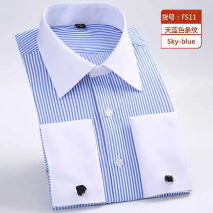 Camisa masculina clássica com punhos franceses, camisa social formal de negócios, ajuste padrão, manga longa, festa de casamento, escritório, trabalho, camisas brancas