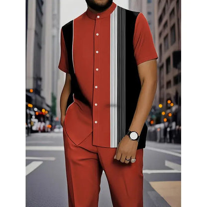 Conjunto de Camisa Listrada para Homens, Slim Fit, em Couro PU com Forro de Fleece, Colarinho Cubano, Manga Três Quartos, Estilo Cleanfit para o Verão