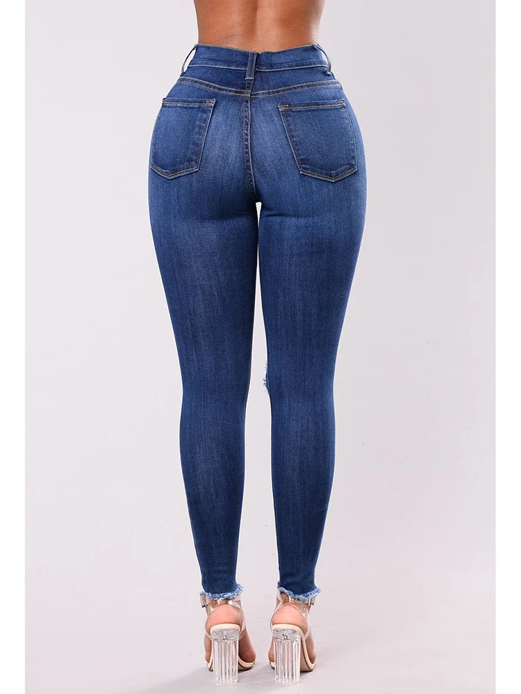 Mulheres Stretch Skinny Ripped Jeans, Calças Lápis de Cintura Alta, Envoltório de Pernas Estreitas, Hips, Calças Femininas, Plus Size S-3XL,
