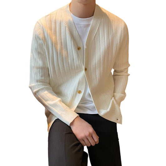 Cardigã Masculino de Tricô com Gola V e Botões, Casual e Simples, para Negócios e Uso Doméstico, Outono