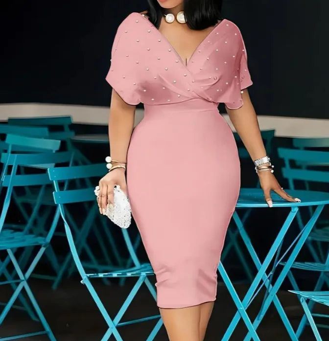 Moda vestido de festa para wonen sexy decote em v pacote hip vestidos elegantes 2025 srping verão senhora cor sólida magro escritório midi vestido