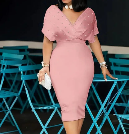 Moda vestido de festa para wonen sexy decote em v pacote hip vestidos elegantes 2025 srping verão senhora cor sólida magro escritório midi vestido