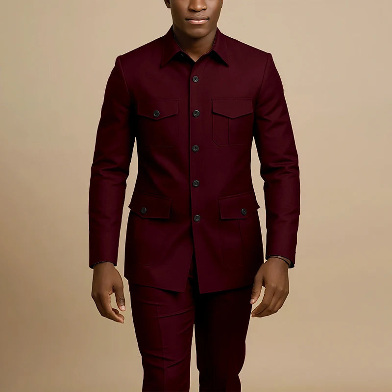 Terno Masculino Marrom de Quatro Bolsos com Lapela Pontiaguda, Casual de Negócios, Formal, Slim Fit, Conjunto de 2 Peças (Jaqueta e Calça)