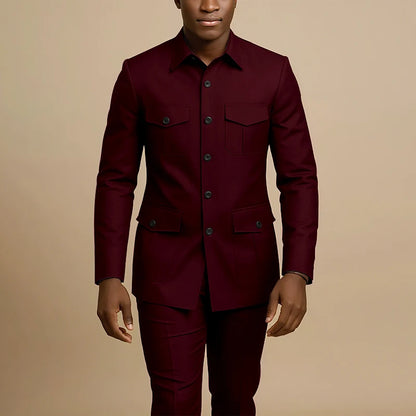 Terno Masculino Marrom de Quatro Bolsos com Lapela Pontiaguda, Casual de Negócios, Formal, Slim Fit, Conjunto de 2 Peças (Jaqueta e Calça)