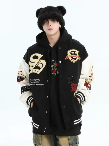 Jaquetas Varsity Bordadas Masculinas com Mangas em PU, Jaquetas Bomber Vintage Femininas, Moda Streetwear Americana Unissex