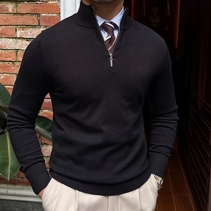 Suéter Masculino de Primavera e Outono com Zíper de Um Quarto, Ajuste Slim, Estilo Polo para Negócios, Gola Alta, Pulôver de Tricô