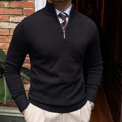 Suéter Masculino de Primavera e Outono com Zíper de Um Quarto, Ajuste Slim, Estilo Polo para Negócios, Gola Alta, Pulôver de Tricô