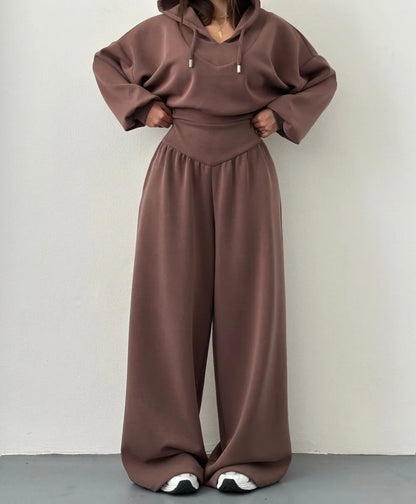 Conjuntos de Calças Casuais Confortáveis para Mulheres, Estilo Esportivo, Moletom Curto com Capuz, Calças de Cintura Alta, Conjunto de Duas Peças, Moda de Rua Feminina