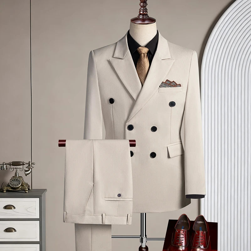 Terno Casual Masculino de Três Peças com Abotoamento Duplo para Festas e Casamentos, Traje Coreano de Cor Sólida Leve e Elegante