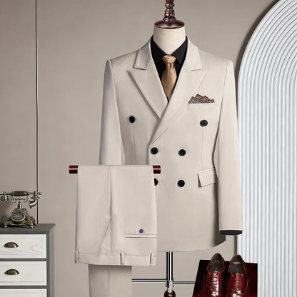 Terno Casual Masculino de Três Peças com Abotoamento Duplo para Festas e Casamentos, Traje Coreano de Cor Sólida Leve e Elegante
