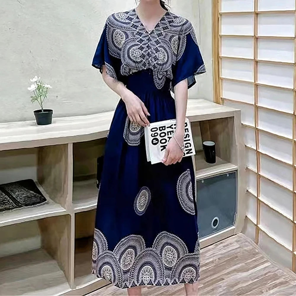 Flor colorida com decote em v elástico jovem boêmio doce midi vestido mulher roupas chique moda vestidos de verão 2025 grande balanço esqui