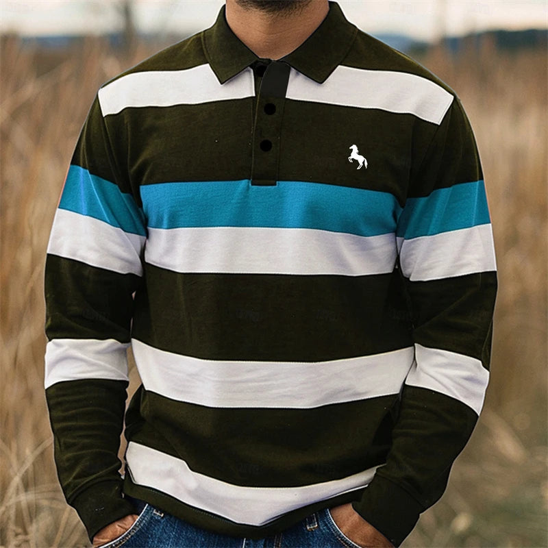 Simple Fashion Striped Polo Shirts For Men Casual Autumn Long Sleeve 3D Printed Golf Polo Shirt Loose Comfortable Lapel Tops