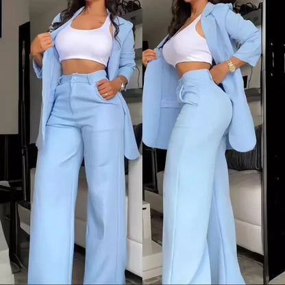 Conjunto de Duas Peças para Mulheres, Moda de Outono, Blazer de Manga Longa com Colarinho e Calças Elegantes com Design de Bolsos