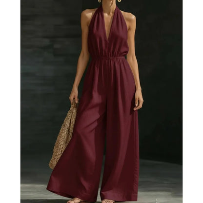 Macacão Feminino Halter Neck: Novo Macacão Casual Solto de Verão Francês com Decote V Sexy e Cor Sólida