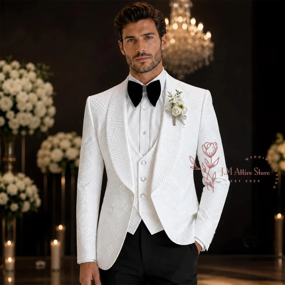 Terno de Casamento Masculino de Alta Costura Branco para Noivo, 3 Peças, com Blazer Jacquard de Lapela Xale, Colete e Calças Pretas, Conjunto Formal Slim Fit