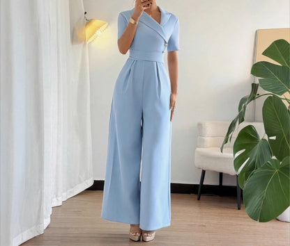 Macacão Feminino Azul Elegante 2026 Primavera Verão com Cinto na Cintura, Ajuste Fino, Estilo Casual, Manga Três Quartos, Calça Conjugada
