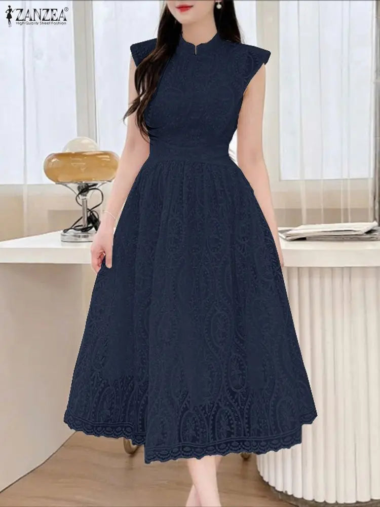 Vestido midi elegante ZANZEA para convidadas de casamento, com bordados em tule e patchwork, gola alta e mangas curtas.