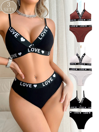 Conjunto de calcinha feminina de algodão com estampa de letras, bojo removível, sem aro e efeito push-up, de 1 a 3 peças. Macia e sexy.