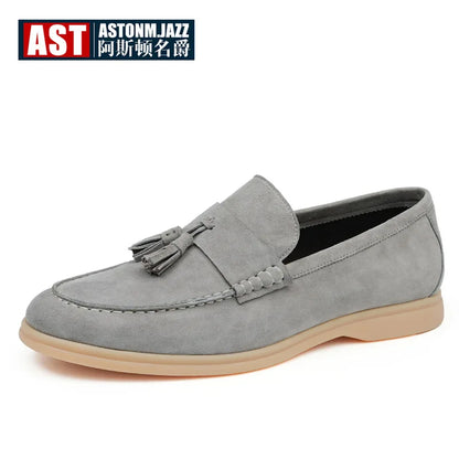 Mocassins Masculinos com Detalhe de Franjas em Couro Legítimo, Sapatos Formais de Negócios com Bico Redondo e Sola Baixa de Borracha, Respirável para o Verão
