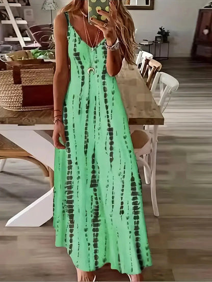 Feminino casual solto com decote em v tie dye impresso espaguete maxi vestido verão praia férias vestido longo