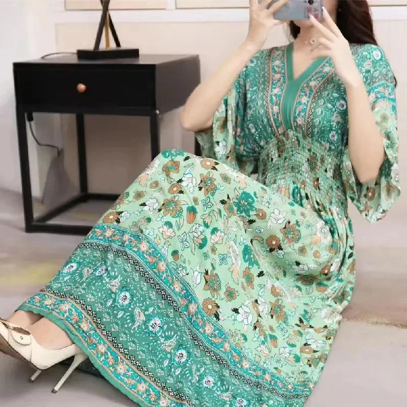 Flor colorida com decote em v elástico jovem boêmio doce midi vestido mulher roupas chique moda vestidos de verão 2025 grande balanço esqui
